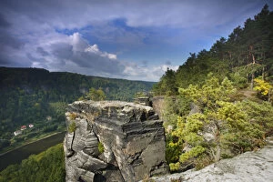 Elbe River from rock ledge in forest, Elbe Landscape protected area, Ceske Svycarsko