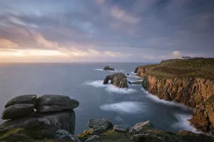 Images Dated 16th November 2016: Enys Dodnan Arch, the Armed Knight rock and Longships lighthouse, Lands End, Cornwall, UK