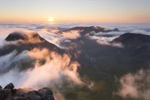 Inner Hebrides Prints: Evening view from Askival mountain over inversion layer and the Atlantic corrie
