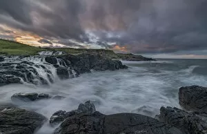 Feigh Burn River, Dunseverick Falls flowing into the sea, County Antrim
