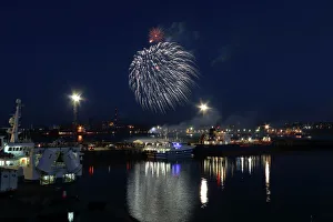Reflection Prints: Fireworks at Peterhead harbour, Scotland, UK, July 2016