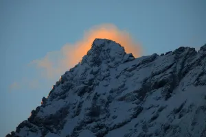 Images Dated 4th July 2008: First light behind snow covered mountain near Dombay, Teberdinsky biosphere reserve