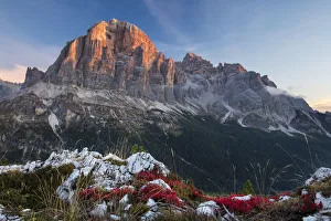 First light on Tofana de Rozes from Cinque Torri, Dolomite Mountains, Belluno Province