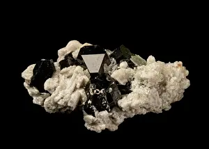Black Background Prints: Fluorescent hyalite opal (Opal-AN) with black tourmaline (Schorl)