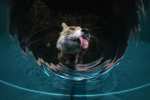 Fox (Vulpes vulpes) drinking water from a sauna pool in a garden