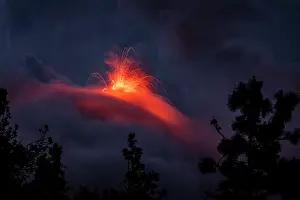 Luminosity Prints: Fuego volcano erupting on a stormy night, Sierra Madre, Guatemala. May, 2022