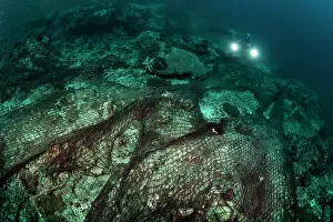 Environmental Issues Prints: Ghost nets covering the reefs of the Myeik Archipelago