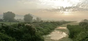 2009 Highlights Collection: Glastonbury Tor, distant at misty early morning, with River Brue and meadows of the Somerset Levels