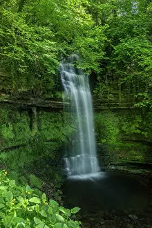 Waterfall Prints: Glencar waterfall flowing into glacial lake in Glencar valley