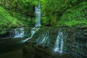Waterfall Prints: Glencar waterfall flowing into glacial lake in Glencar valley