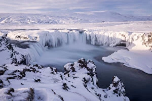 Waterfalls Collection: Godafoss waterfall frozen during winter, Bardardalur District, North-Central Iceland