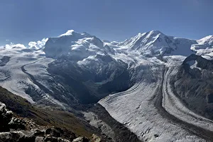 Glacier Prints: Gorner glacier with Mont Rose and Lyskamm, Swiss Alps, Valais, Switzerland. September 2018