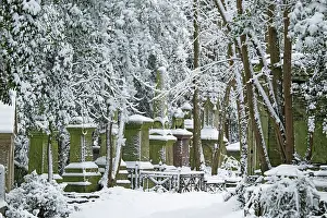 Monuments Prints: Gravestones covered in snow, Highgate cemetery, London, England, UK. February, 2021