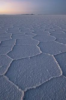 Altitude Prints: Hexagonal shapes on surface of salt flats at sunrise