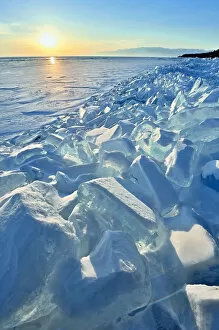 Ice pile of broken shelf ice, near the shore of Lake Baikal, Siberia, Russia, March