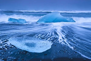 2018 September Highlights Collection: Ice washed up on Jokulsarlon, glacial lagoon, Skaftafell National Park, Iceland, February