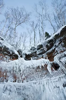 Icicles hanging from sandstone cliffs on shoreline, Apostle Islands National Lakeshore