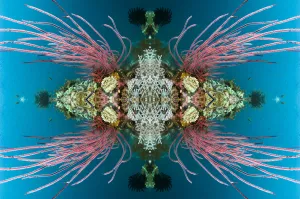 Kaleidoscopic image of coral reef with Red sea whips (Ellisella ceratophyta). Misool