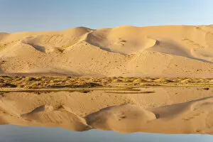 2020 October Highlights Gallery: Khongoryn Els sand dunes and reflection in pond, South Gobi desert. Mongolia
