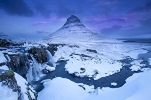 Waterfalls Gallery: Kirkjufell mountain, landscape at dawn with waterfall in foreground, Snaefellsnes peninsula