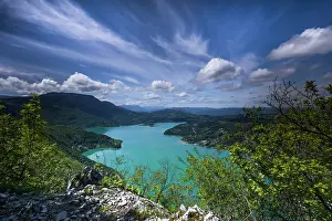 France Prints: Lake Aiguebelette in spring viewed from the Montagne de l'Epine