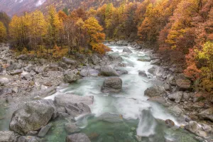 Landscape of the Verzasca River in autumn, Canton Tessin, Switzerland, November 2011