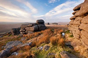 Landscape view from Great Mis Tor, Dartmoor National Park, Devon, England, UK, February