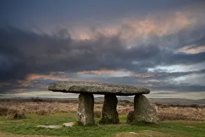 Lanyon Quoit, a Neolithic dolmen / tomb, under a stormy sky, Madron near St Just, Cornwall, England, UK. March, 2022
