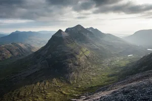 Liatach from Beinn Eighe under hazy skies. Torridon, Highlands, Scotland, UK, June 2016