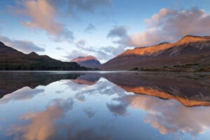 Liathach and Beinn Eighe reflected in Loch Clair at dawn, Torridon, Scotland, UK