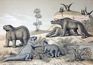 History Prints: Lithograph with later hand colouring combining two of Benjamin Waterhouse Hawkins