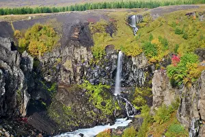 Waterfall Prints: Litlanesfoss waterfall on the Hengifoss river in autumn, Iceland. September, 2023