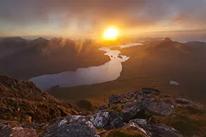 Images Dated 25th September 2013: Loch Lurgainn and Stac Pollaidh from Cul Beag, at sunset, Assynt, Highlands, Scotland