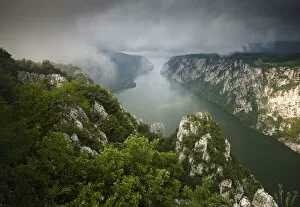 Low clouds over the River Danube flowing through the Iron Gate Gorge, Djerdap National Park