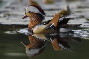 Mandarin duck (Aix galericulata) male swimming on water in the Beijing area, China, May