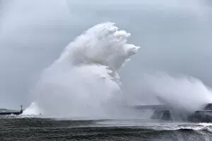 Wave Gallery: Massive wave crashing into Lesconil during Storm Petra, Finistere, Brittany, France