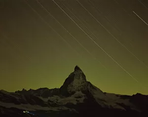 Matterhorn (4, 478m) at night, long exposure with star trails, viewed from Gornergrat