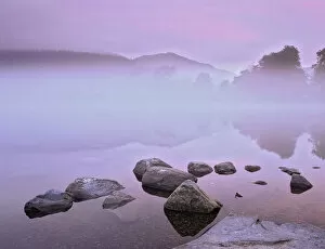 Tranquility Gallery: Mist over Coniston Water before dawn. Lake District, Cumbria, England