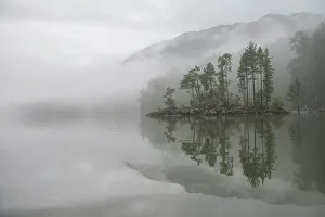 Russia Prints: Mist over Teletskoye Lake. Altai Nature Reserve