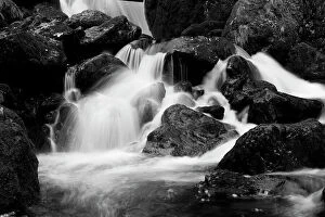 Images Dated 28th February 2012: Monochrome image of waterfall breaking on rocks at the base of Lodore Falls, Lake District NP