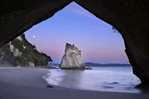 Images Dated 25th July 2012: Moon over Cathedral Cove at dawn, near Hahei, Coromandel Peninsula, North Island