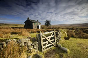 Stones Prints: Moorland view of Nuns Cross Farm, dry stone wall and gate, Dartmoor, Devon, UK