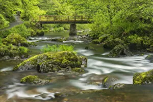 August 2022 Highlights Gallery: Mossy boulders and wooden bridge over East Lyn River. Exmoor National Park, Devon, UK. May