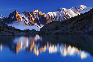 Prints of Mountain landscape, Lac Blanc with Aiguilles de Chamonix at sunset, Haute Savoie, France, September 2008 Wild Wonders Of Europe Prints: Mountain landscape, Lac Blanc with Aiguilles de Chamonix at sunset, Haute Savoie