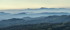 Mountain range with rainforests in morning mist, Kudremukh National Park, Western