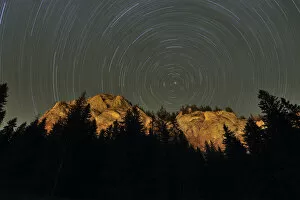 Mountains with star trails in the sky, Cheile Bicazului-Hasmas National Park, Carpathian Mountains