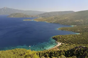 Turkey Prints: Mourtia beach and bay with the southeast tip of Samos and Mount Mycale in Turkey s