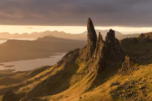 Inner Hebrides Prints: Old Man of Storr in morning light, view to Loch Leathan and mountains
