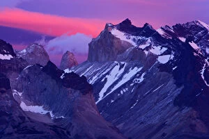 Mountains Collection: Paine mountains at dawn seen from Pehoe lake, Torres del Paine National Park, Patagonia