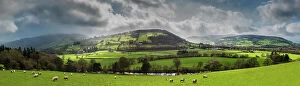 Panoramic of the Usk River Valley, Monmouthshire, Wales, UK, March 2017